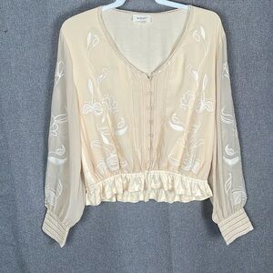 Bohme Woman’s Large Embroidered Long Sleeve Cream Color Boho Blouse 902